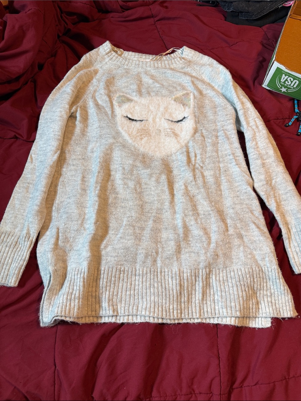 LC Lauren Conrad Cream Fuzzy Cat Face Crewneck Sweater